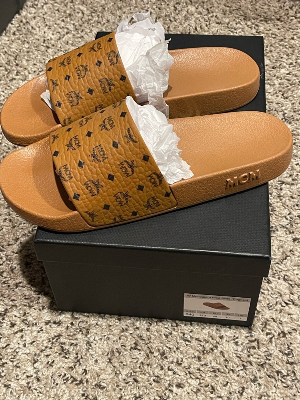 MCM Cognac Brown Logo Slide Sandals